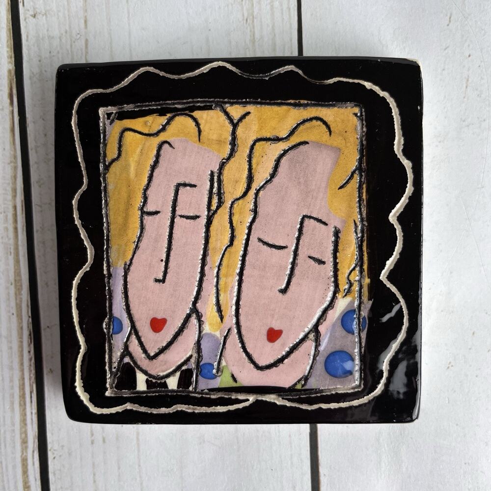 VTG Sandra Magsamen Deco Style Ceramic Tile Sisters Handpainted Signed 2 Sided